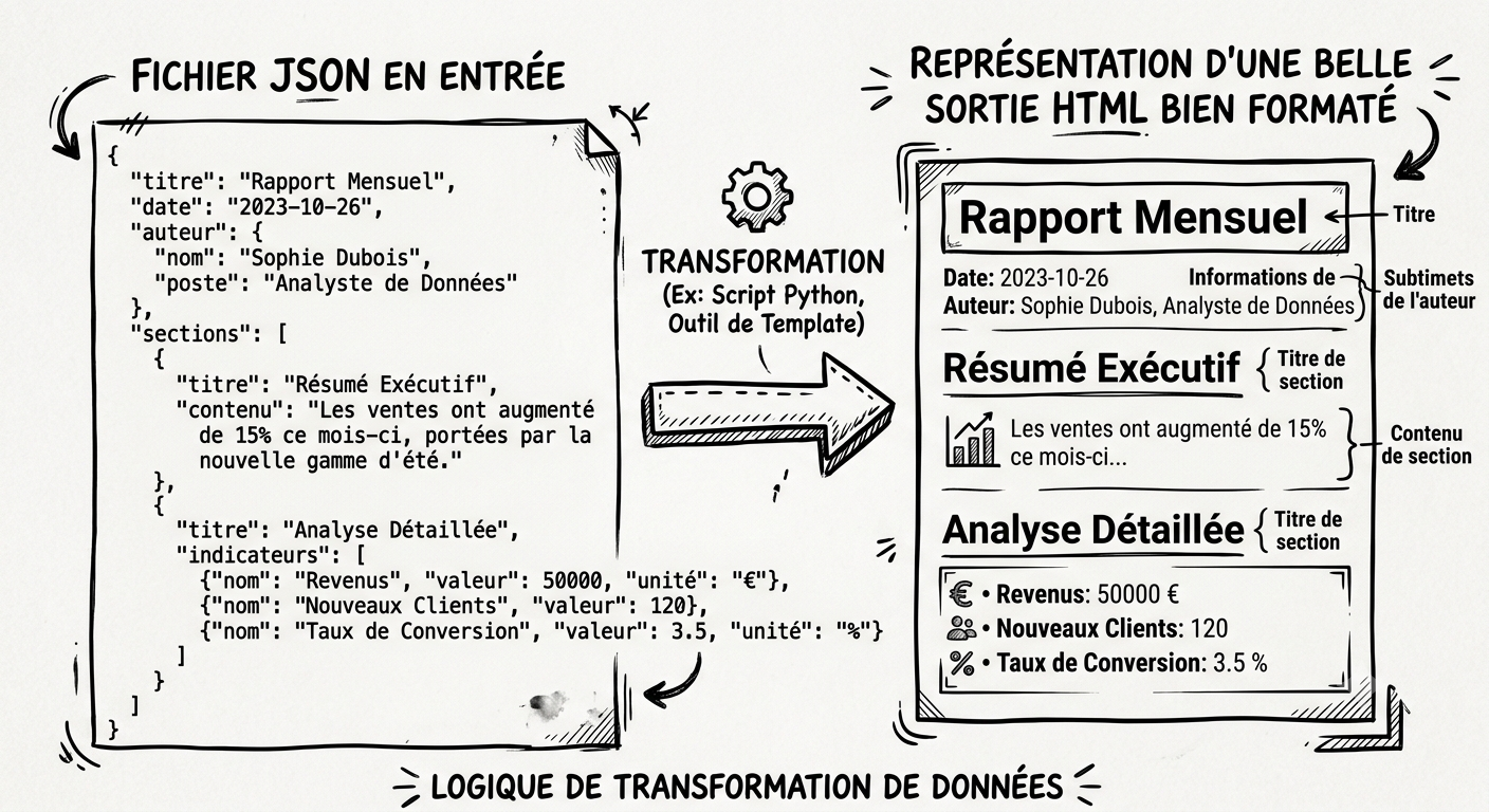 Schéma : un JSON en entrée, transformé selon un template, en une sortie HTML mise en forme